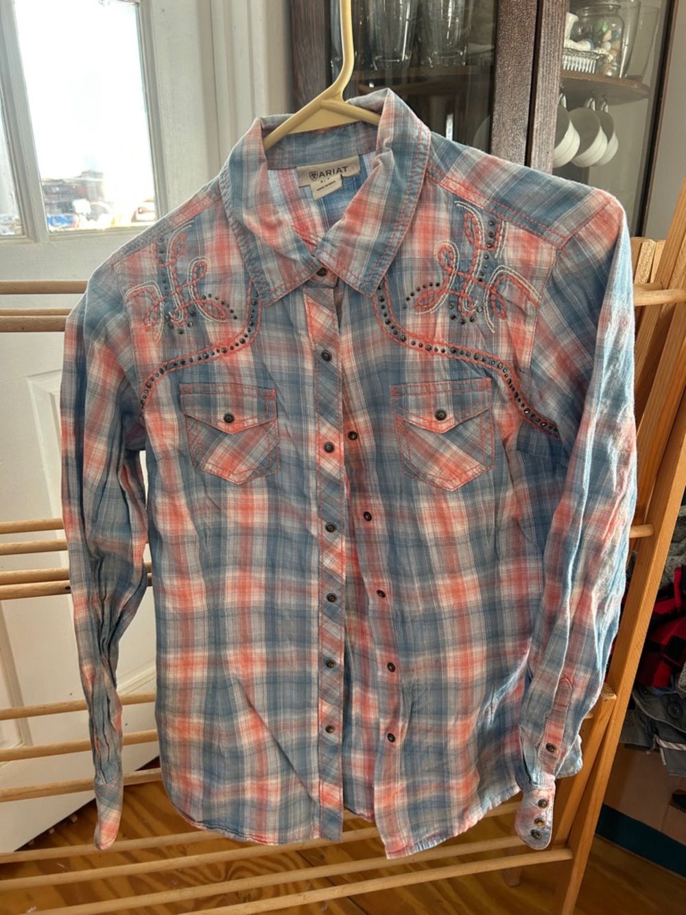 Ariat Coral and Blue Plaid Western Snap Shirt
